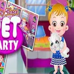 Egy szőke hajú kislány kék ruhában áll egy szobában és egy fehér macskát tart, az előtérben egy nagy, rózsaszín PET PARTY feliratú logó látható