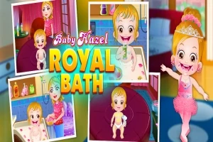 Egy játékos kép, amely egy kisgyermek különböző fürdési és öltözködési jeleneteit ábrázolja, színes háttérrel és Royal Bath felirattal
