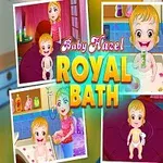 Egy játékos kép, amely egy kisgyermek különböző fürdési és öltözködési jeleneteit ábrázolja, színes háttérrel és Royal Bath felirattal