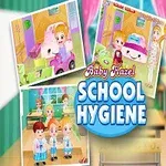 Egy mosolygó kislány lila ruhában áll egy iskolai környezetben, színes illusztrációkkal és School Hygiene felirattal