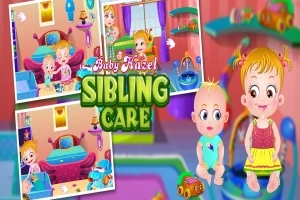 Két kisgyermek színes, játékos környezetben vannak ábrázolva, játékokkal és bútorokkal körülvéve, háttérben Sibling Care felirat