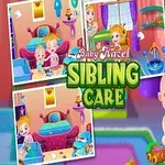 Két kisgyermek színes, játékos környezetben vannak ábrázolva, játékokkal és bútorokkal körülvéve, háttérben Sibling Care felirat