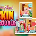 Rajzfilmfigurás kislány rózsaszín ruhában, szőke hajjal, mellette nagy színes betűkkel írva: Skin Trouble, két kis kép jelenetekkel a háttérben