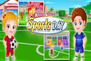 Gyerekek sportfelszerelésben focilabdával egy zöld sportpályán, háttérben színes épületek és további sporteszközök láthatók, a középpontban a Sports Day felirat