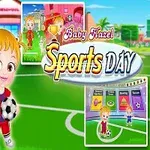 Gyerekek sportfelszerelésben focilabdával egy zöld sportpályán, háttérben színes épületek és további sporteszközök láthatók, a középpontban a Sports Day felirat