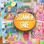 Rajzfilmfigurák vidám jelenetei, egy szőke kislány különböző tevékenységeket végez egy konyhában és hálószobában, színes háttérelemmel és a Stomach Care felirattal