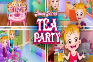 Egy szőke hajú kislány mosolyogva áll a szoba közepén, körülötte pedig egy teaparti jelenetei láthatóak