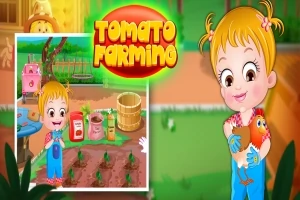 Egy szőke kislány kék kertésznadrágban egy terményt tart a kezében, mellette pedig egy kerti jelenet látható paradicsomnövényekkel és mezőgazdasági eszközökkel