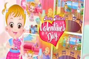 Rajzfilmfigura a címmel Baby Hazel Valentines Day, szív alakú díszlettel és színes háttérrel, ahol különböző helyszínek és tevékenységek láthatók
