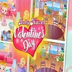 Rajzfilmfigura a címmel Baby Hazel Valentines Day, szív alakú díszlettel és színes háttérrel, ahol különböző helyszínek és tevékenységek láthatók