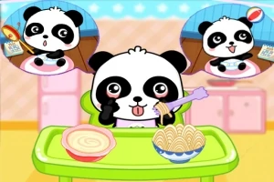 Rajzolt panda ül egy asztalnál, tésztát eszik zöld tálcáról, miközben két gondolatbuborék jelenik meg felette különböző tevékenységekkel