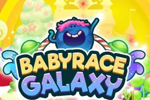 Kék szörnyeteg rózsaszín hajjal és BABYRACE GALAXY felirattal színes háttér előtt