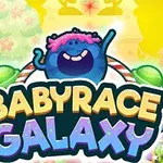 Kék szörnyeteg rózsaszín hajjal és BABYRACE GALAXY felirattal színes háttér előtt