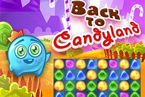 Színes cukorkák halmaza, egy mosolygó kék karakter és a „Back to Candyland” felirat egy vidám, rajzfilmszerű tájjal a háttérben