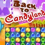 Színes cukorkák halmaza, egy mosolygó kék karakter és a „Back to Candyland” felirat egy vidám, rajzfilmszerű tájjal a háttérben