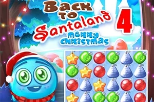 Egy karácsonyi témájú képen egy mosolygós kék figura, karácsonyi díszek, és a Back to Santaland 4: Merry Christmas felirat látható