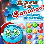Egy karácsonyi témájú képen egy mosolygós kék figura, karácsonyi díszek, és a Back to Santaland 4: Merry Christmas felirat látható