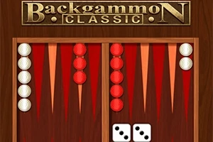 Backgammon tábla vörös és fehér bábokkal, két dobókockával