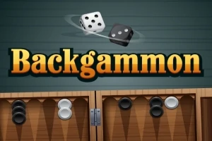 Két dobókocka lebeg a levegőben a Backgammon felirat fölött, alatta egy fa táblán fekete és fehér korongok