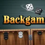 Két dobókocka lebeg a levegőben a Backgammon felirat fölött, alatta egy fa táblán fekete és fehér korongok