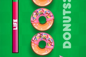 Három rózsaszín mázas, szórt cukros fánk zöld háttérrel és DONUTS felirat