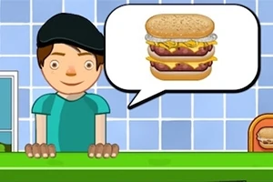 Egy rajzfilmszerű figura áll a pult mögött, beszédbuborékban egy hamburgert ábrázoló kép látható