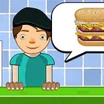Egy rajzfilmszerű figura áll a pult mögött, beszédbuborékban egy hamburgert ábrázoló kép látható