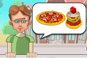 Egy szemüveges férfi zöld pólóban áll egy pultnál, és egy beszédbuborékban pizza és egy réteges étel látható