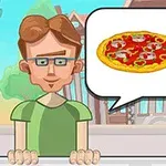 Egy szemüveges férfi zöld pólóban áll egy pultnál, és egy beszédbuborékban pizza és egy réteges étel látható