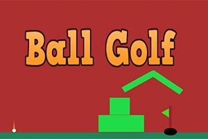 Piros háttér előtt nagy, sárga betűkkel kiírt Ball Golf felirat, alul zöld formák és egy fekete pötty