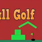 Piros háttér előtt nagy, sárga betűkkel kiírt Ball Golf felirat, alul zöld formák és egy fekete pötty
