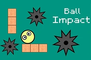 Egy sárga gömb, amely téglák és fekete tüskés akadályok között helyezkedik el, zöld háttéren, mellette a Ball Impact szöveg