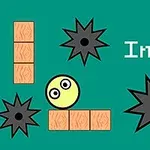 Egy sárga gömb, amely téglák és fekete tüskés akadályok között helyezkedik el, zöld háttéren, mellette a Ball Impact szöveg