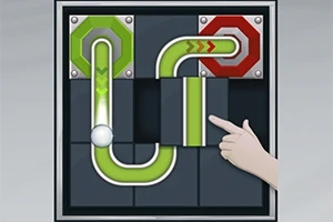 Zöld és piros csődarabokból álló puzzle játékkép, ahol egy kéz mutat az egyik mozgatható elemre
