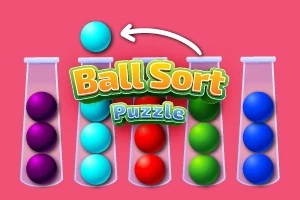 Színes golyók különböző kémcsövekben, rózsaszín háttérrel és Ball Sort Puzzle felirattal