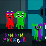 Színes, pixeles figurák egy sötét háttér előtt, BanBan Parkour felirattal