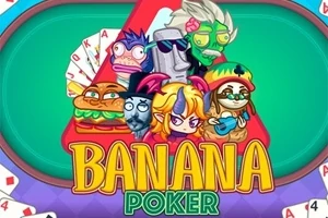 Rajzfilmszerű karakterek póker témájú háttérrel és a Banana Poker felirattal