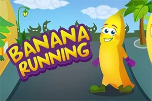 Egy mosolygó, cipőt és kesztyűt viselő banán figura egy rajzfilmszerű utcán