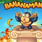 Egy rajzfilm stílusú majom áll egy oszlop tetején, körülötte repülő banánokkal és lángokkal a háttérben