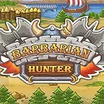 Erdős tájképen egy nagy, díszes BARBARIAN HUNTER felirat látható, felette két keresztbe tett fejsze, háttérben folyó és viking hajó