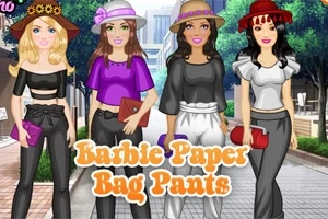 Négy nő színes kalapokban és divatos ruhákban egy városi utcán áll, Barbie Paper Bag Pants felirattal