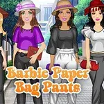 Négy nő színes kalapokban és divatos ruhákban egy városi utcán áll, Barbie Paper Bag Pants felirattal