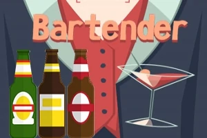 Három üveg ital és egy koktélpohár jelenik meg egy öltönyös figura előtt, a Bartender felirattal
