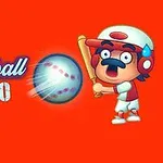 Egy rajzfilmszerű baseball-játékos ütésre készül egy gyorsan mozgó labdával szemben piros háttér előtt, a kép bal oldalán a Baseball Hero felirattal