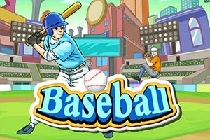 Baseball játékos ütővel, háttérben stadionnal és színes épületekkel, nagy Baseball felirattal