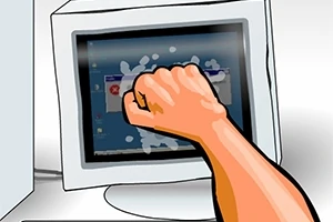Egy ököl éppen betöri egy régi stílusú számítógép monitorját