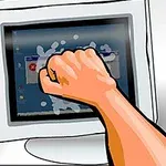 Egy ököl éppen betöri egy régi stílusú számítógép monitorját