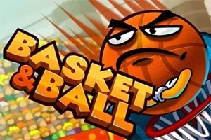 Rajzolt kosárlabda arccal, amely egy kosárgyűrűn lóg, előtérben a BASKET & BALL felirattal, háttérben homályos tömeg