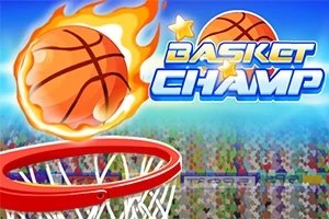 Egy égő kosárlabda közelít egy kosár felé, háttérben színes közönséggel és Basket Champ felirattal