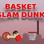 Rajzfilmszerű karakter próbál kosárra dobni egy kosárlabdával, háttérben a szöveg: BASKET SLAM DUNK